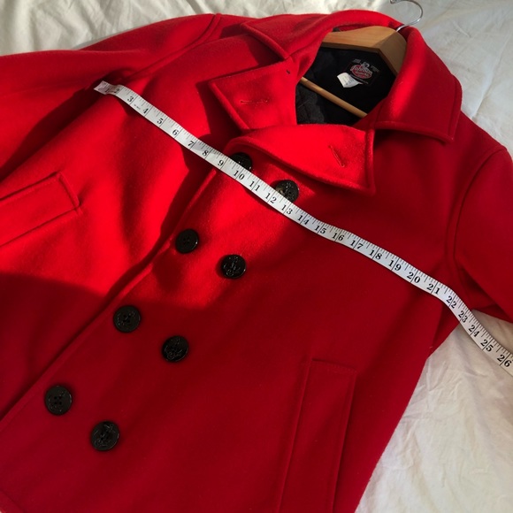 VTG Womens Johnson Woolen Mills WOOL Red Peacoat Jacket Sz L Blk Quilted Lining - Picture 9 of 13